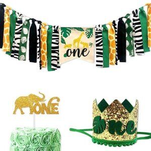 1ST BIRTHDAY PARTY FOREST JUNGLE SAFARI THEME DECORATIONS BANNER, CROWN, CAKE T